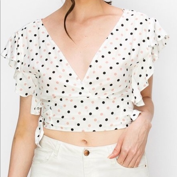 Hyfve Crop Top,Flutter Sleeves,Mauve-Blk Polka Dot - Picture 6 of 8